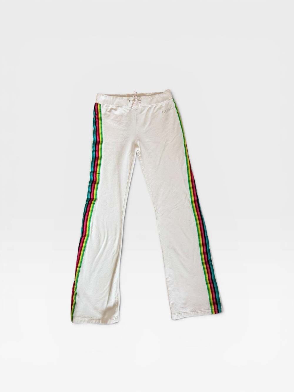 BCBGMAXAZRIA White Rainbow Stripe Rhinestone Logo Sweatpants Size S - Picture 2 of 9